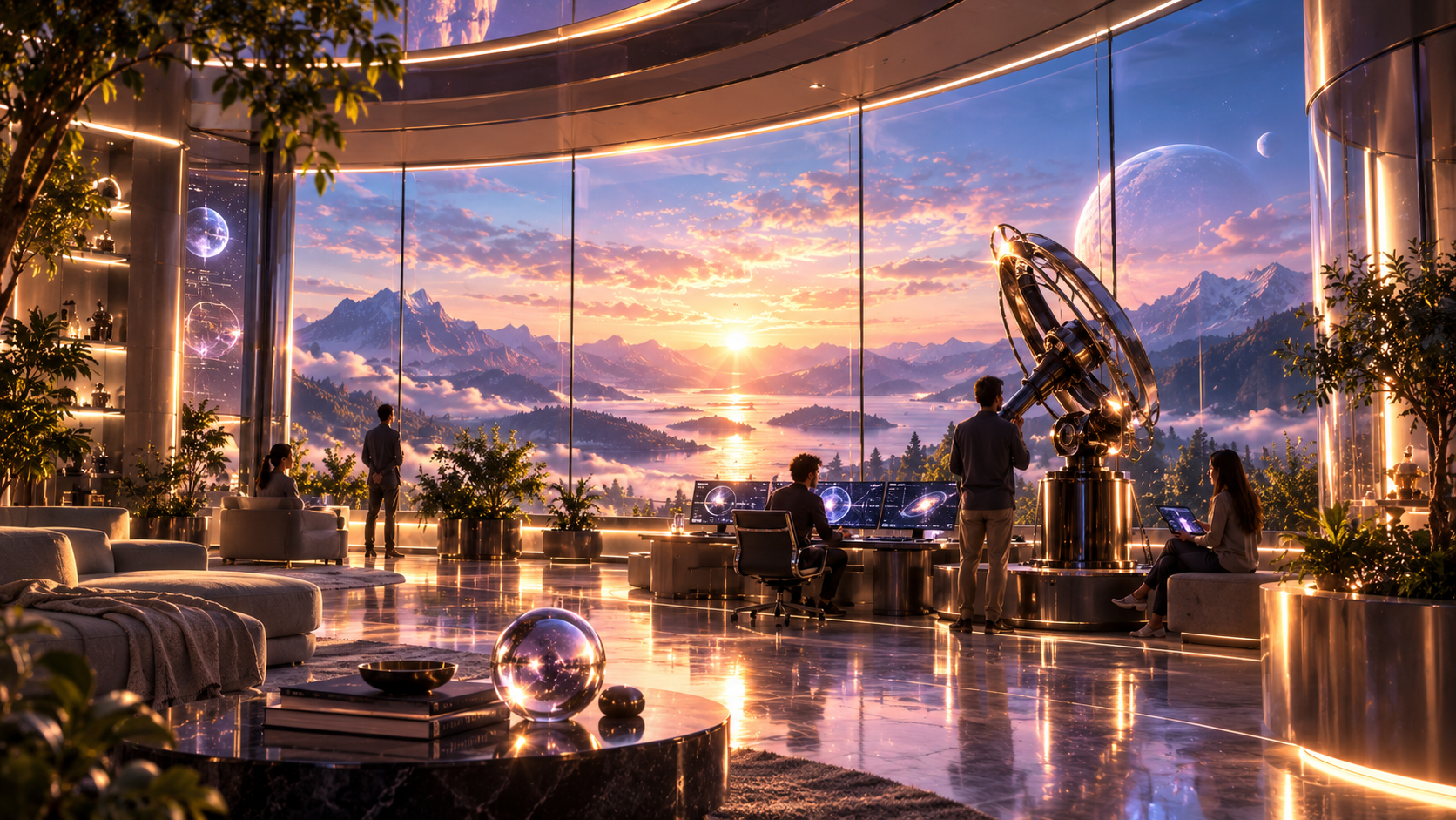 An imagined Living Observatory with panoramic windows, a luminous orb, mountains and water, and people working beside a scientific instrument.